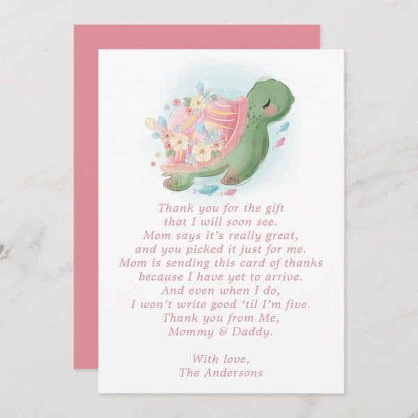 A Thank You Card Featuring A Cute Illustration Of A Turtle Carrying Flowers And Crystals.