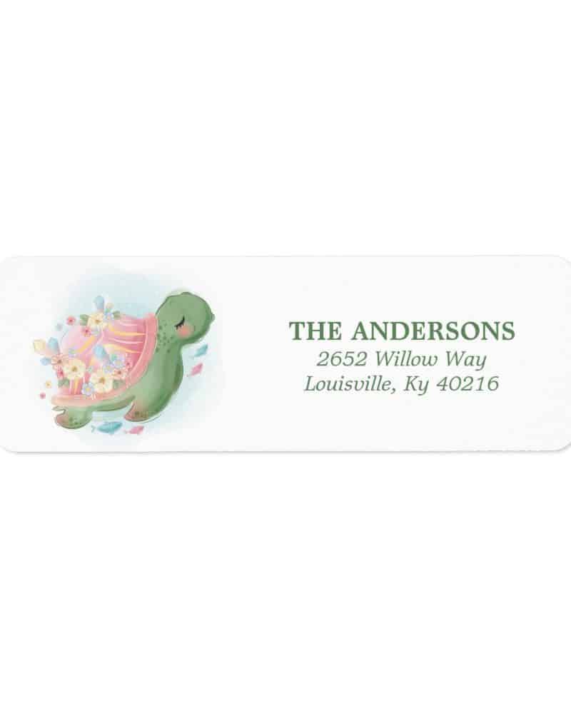Return address label featuring a sea turtle adorned with flowers.