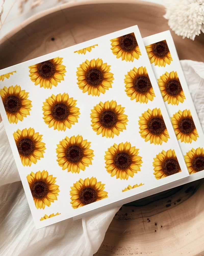 Two square cards with a repeating pattern of sunflowers.