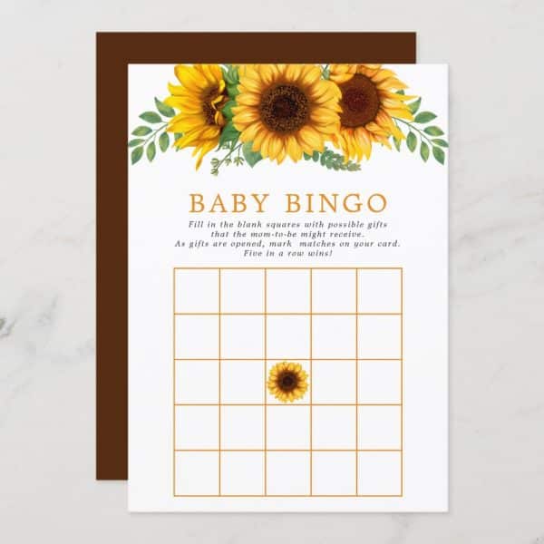 Sunflower-Themed Baby Bingo Card.