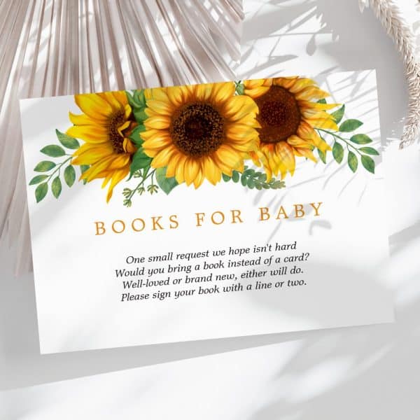 Baby Shower Request Card Featuring Sunflowers, Asking Guests To Bring A Book Instead Of A Card.