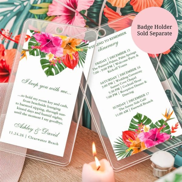Tropical Floral Wedding Itinerary Card With The Couple'S Names And Wedding Date.