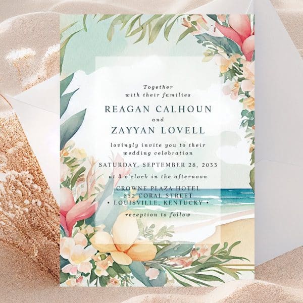 Wedding Invitation With Watercolor Tropical Flowers And Beach Scene, Announcing The Marriage Of Reagan Calhoun And Zayyan Lovell.