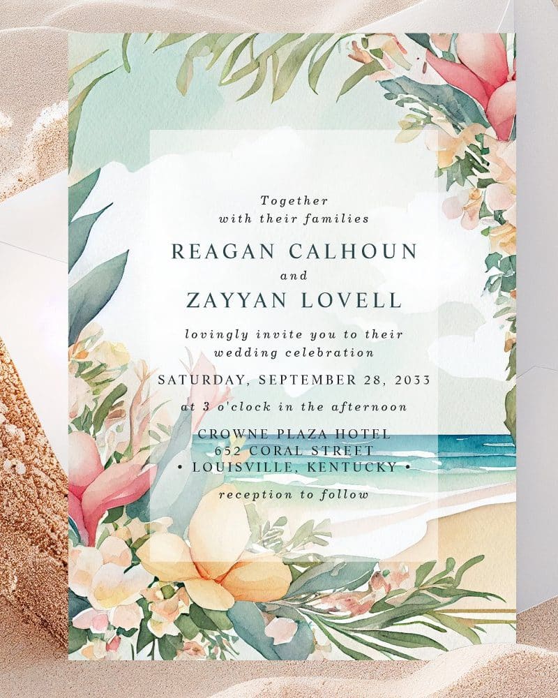 Wedding invitation with watercolor tropical flowers and beach scene, announcing the marriage of Reagan Calhoun and Zayyan Lovell.