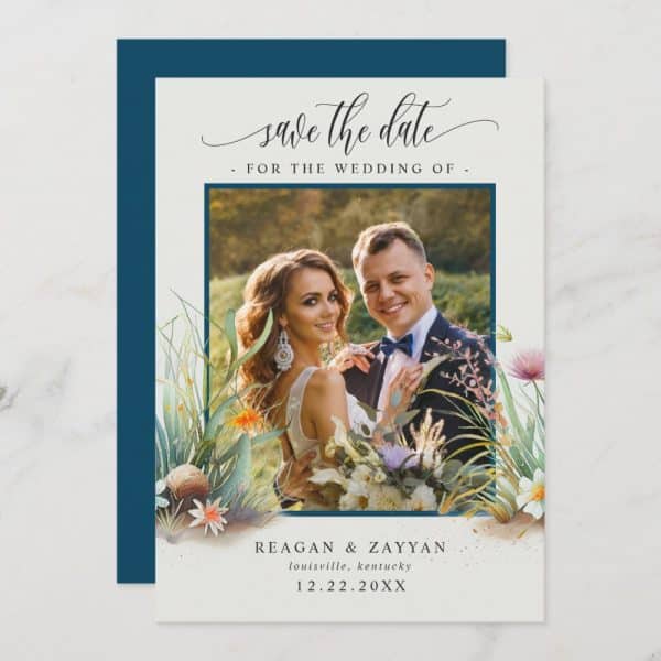 Save The Date Card Featuring A Photo Of A Bride And Groom, Surrounded By Watercolor Floral Details.