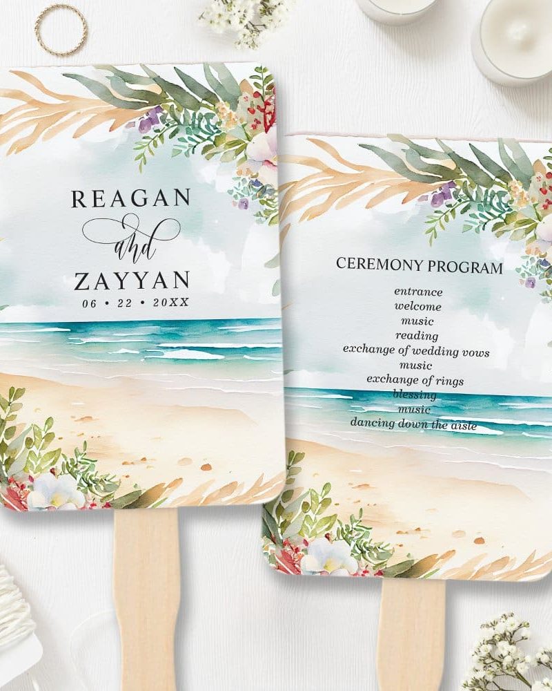 Floral Watercolor Beach Scene Summer Wedding Hand Fan
