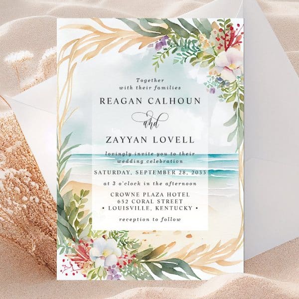 Wedding Invitation For Reagan Calhoun And Zayyan Lovell, Featuring A Beach Scene And Floral Watercolor Design.