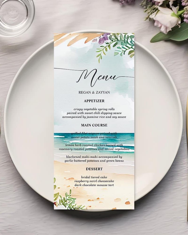 Floral Watercolor Beach Scene Summer Wedding Menu