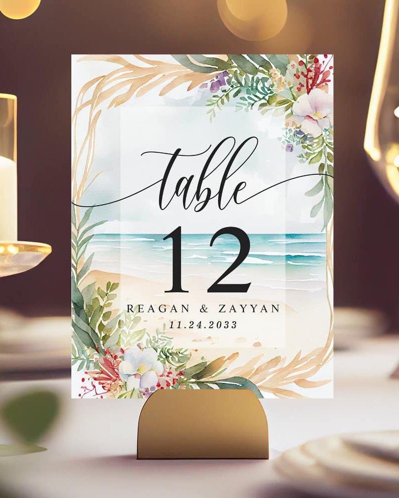 Floral Watercolor Beach Scene Summer Wedding Table Number