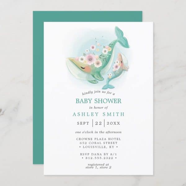 Baby Shower Invitation Featuring Two Watercolor Whales Adorned With Flowers.
