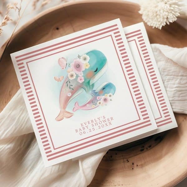 Baby Shower Invitation Featuring Two Watercolor Whales Adorned With Flowers.