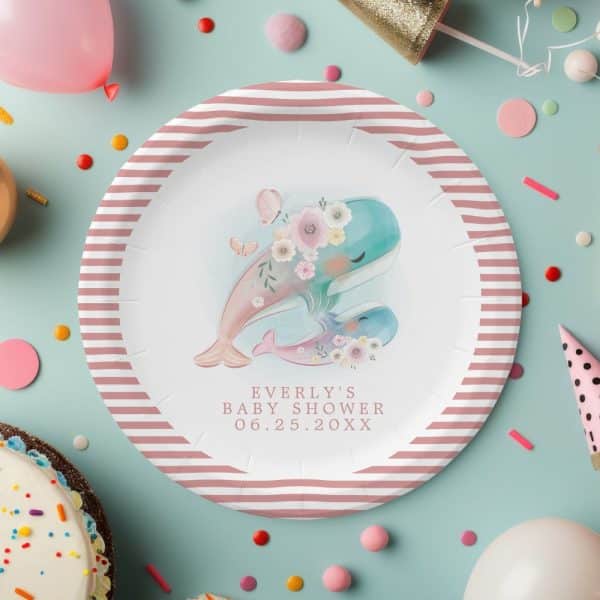 Pink And White Striped Paper Plate With Watercolor Illustration Of Two Whales Adorned With Flowers, Butterflies, And The Text Everly'S Baby Shower And Date.