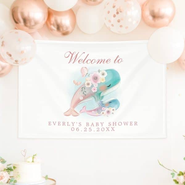 Baby Shower Banner Featuring Two Whales Adorned With Flowers, Butterflies, And The Text Welcome To Everly'S Baby Shower With Date.