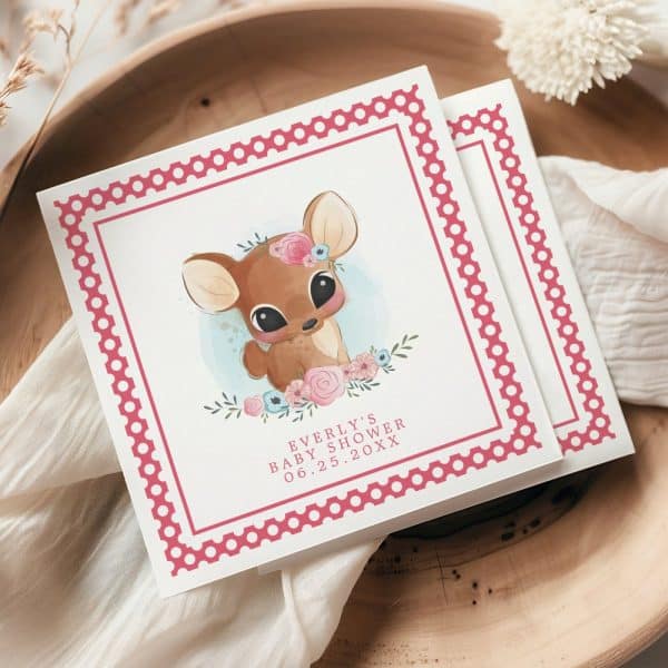 Baby Shower Invitation Featuring A Watercolor Illustration Of A Fawn Wearing A Floral Crown.