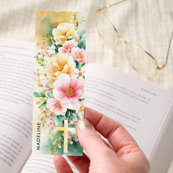Flowers Gold Cross Personalized Christian Bookmarks