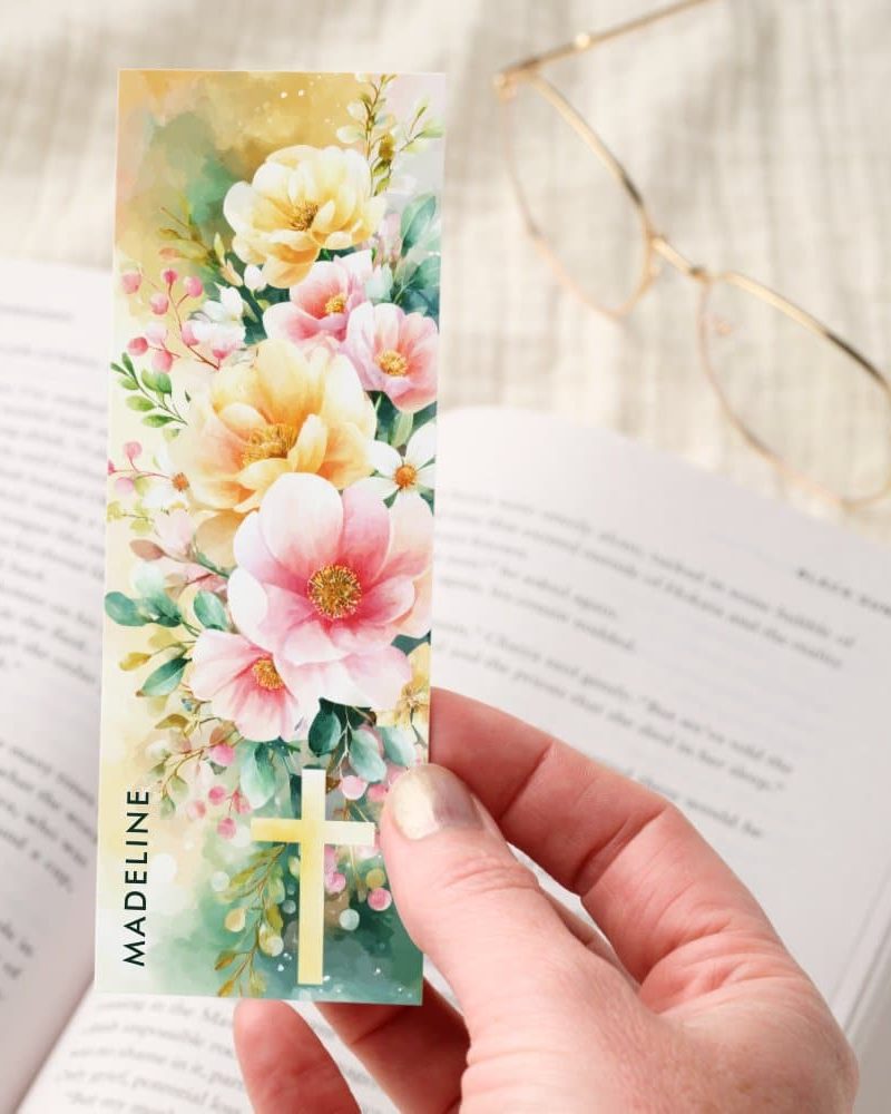 Flowers Gold Cross Personalized Christian Bookmarks