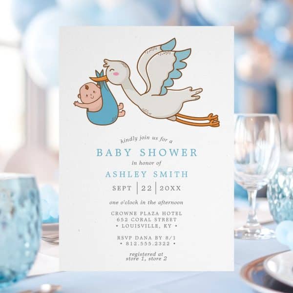Baby Shower Invitation Featuring A Stork Carrying A Baby.