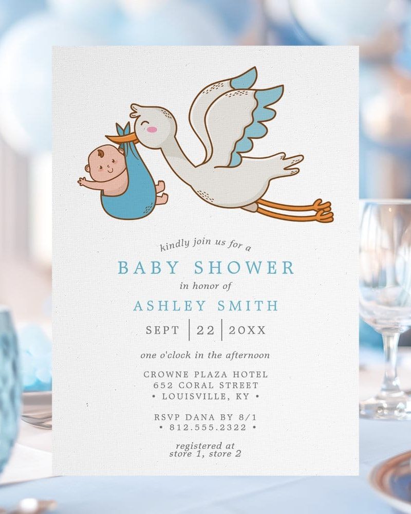 Baby shower invitation featuring a stork carrying a baby.