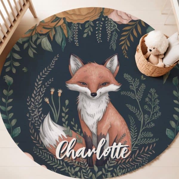 Round Nursery Rug Featuring A Fox And Floral Design, Personalized With The Name Charlotte.
