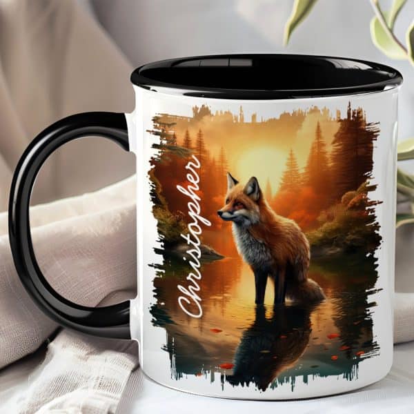 Coffee Mug With A Black Handle And Rim, Featuring A Red Fox Standing In A Tranquil Forest Scene At Sunset, With The Name Christopher On The Side.