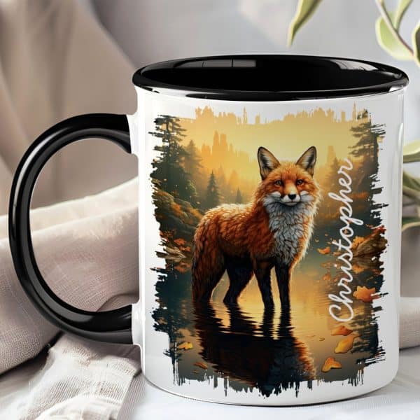 Black-Handled Mug Featuring A Red Fox Standing In A Calm Body Of Water At Sunset, With The Name Christopher Printed On The Side.