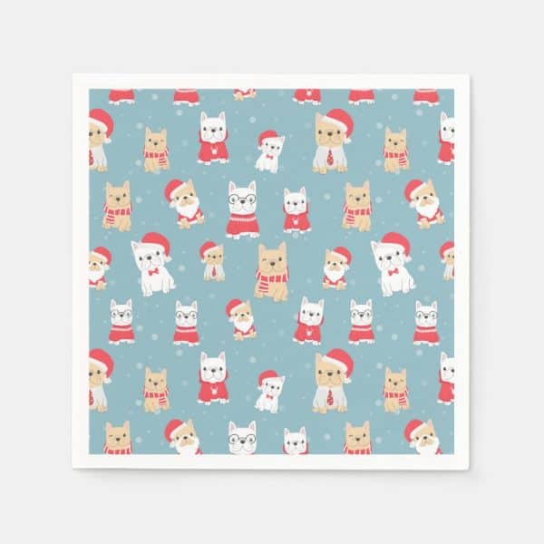 Repetitive Pattern Of French Bulldogs In Festive Attire On A Light Blue Background.