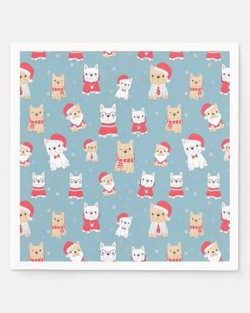 Repetitive pattern of French bulldogs in festive attire on a light blue background.