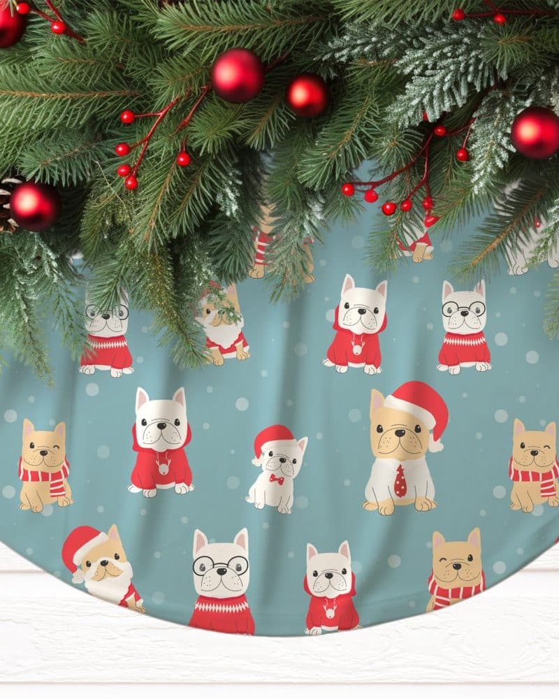 Christmas tree skirt featuring a teal background and a repeating pattern of French bulldogs in festive attire.