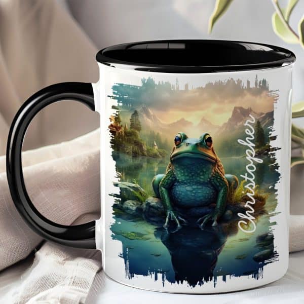 Black-Handled Mug Featuring A Large Frog Sitting By A Lake At Sunset, With The Name Christopher On The Side.