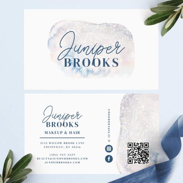 Juniper Brooks Makeup And Hair Business Card Featuring A Watercolor Design.