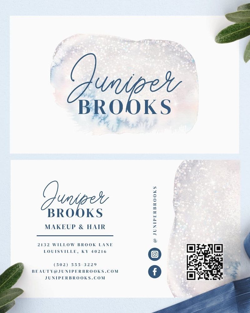 Juniper Brooks makeup and hair business card featuring a watercolor design.