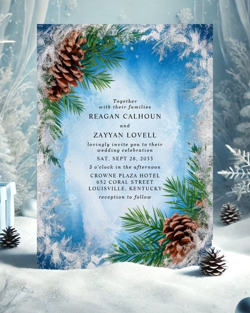 Winter-themed wedding invitation for Reagan Calhoun and Zayyan Lovell.