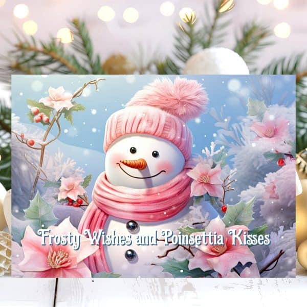 A Cheerful Snowman Wearing A Pink Hat And Scarf Surrounded By Poinsettias.
