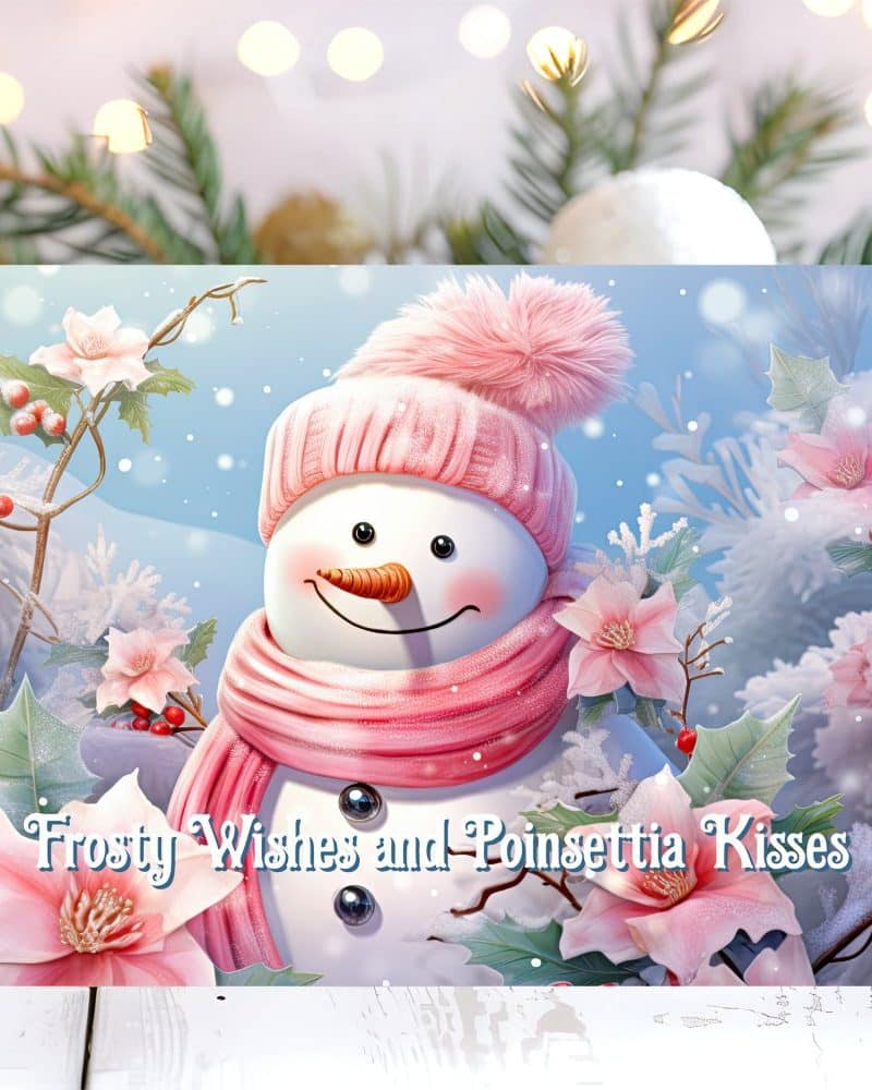 A cheerful snowman wearing a pink hat and scarf surrounded by poinsettias.