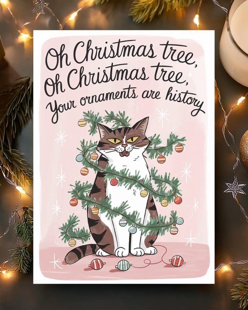 Illustration of a tabby cat sitting amidst a decorated Christmas tree, with ornaments scattered around it. Text above reads, Oh Christmas tree, Oh Christmas tree, your ornaments are history.