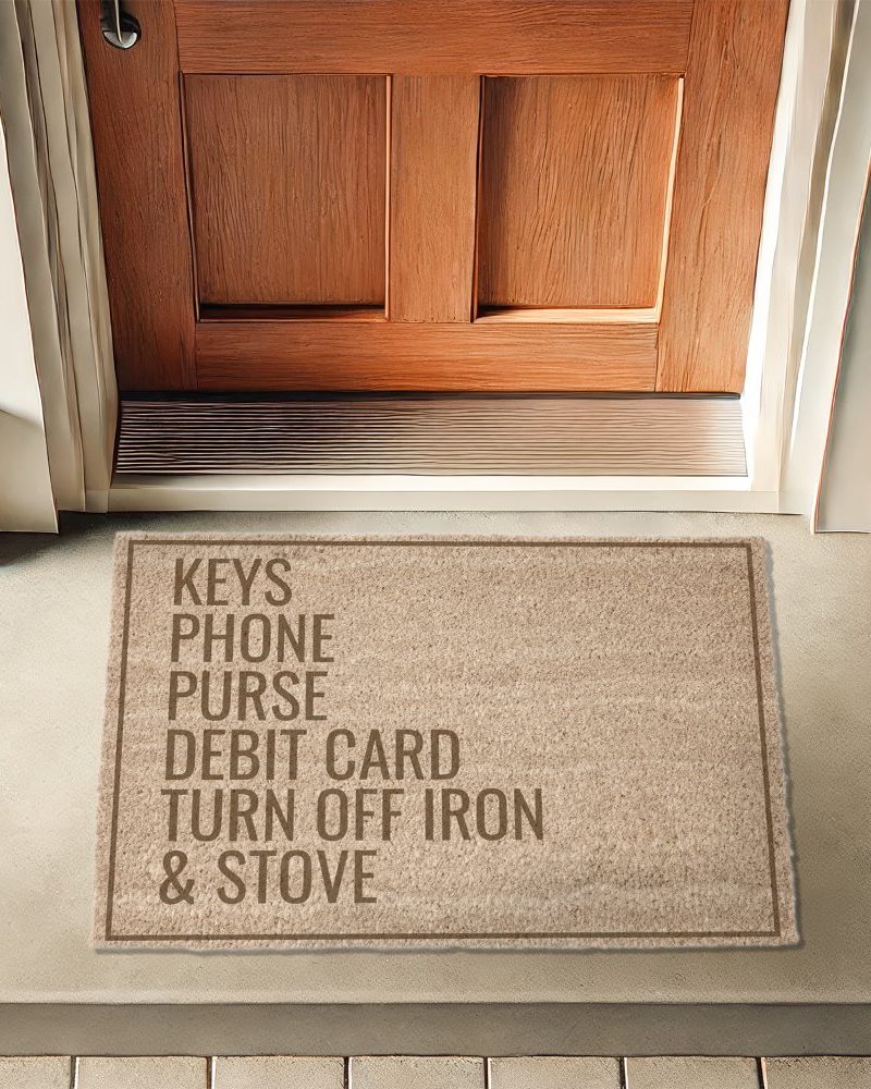 Tan doormat with the words keys, phone, purse, debit card, turn off iron & stove vertically stacked.