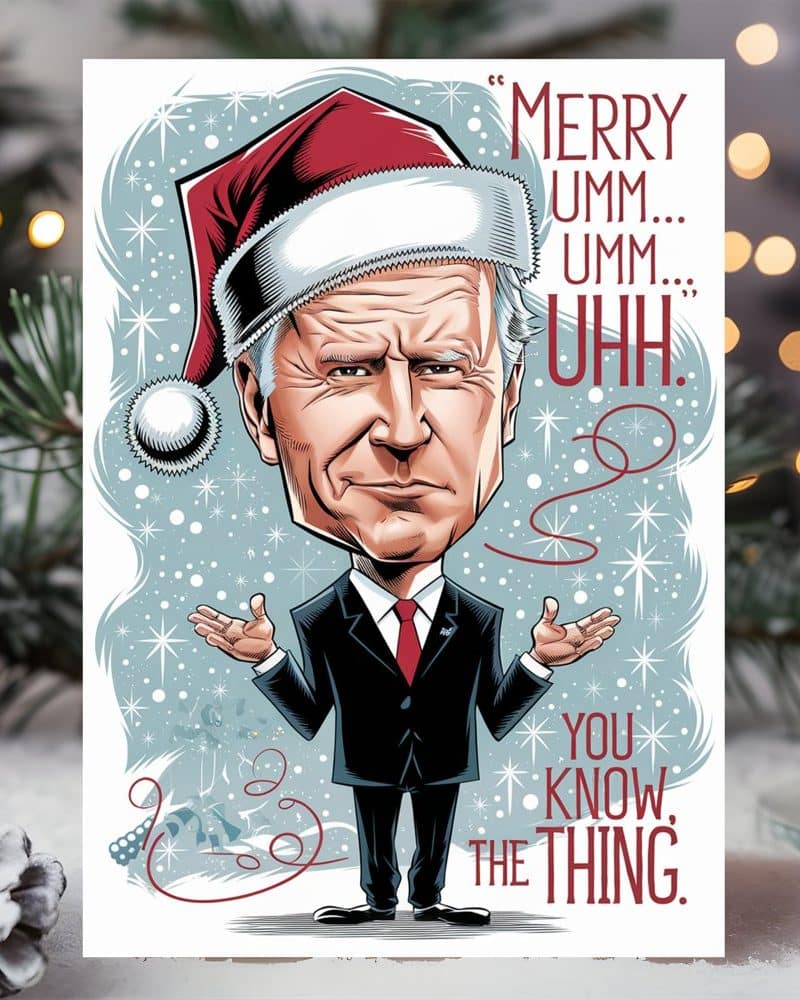 A caricature of Joe Biden wearing a Santa hat, with the text Merry umm umm uhh you know the thing.