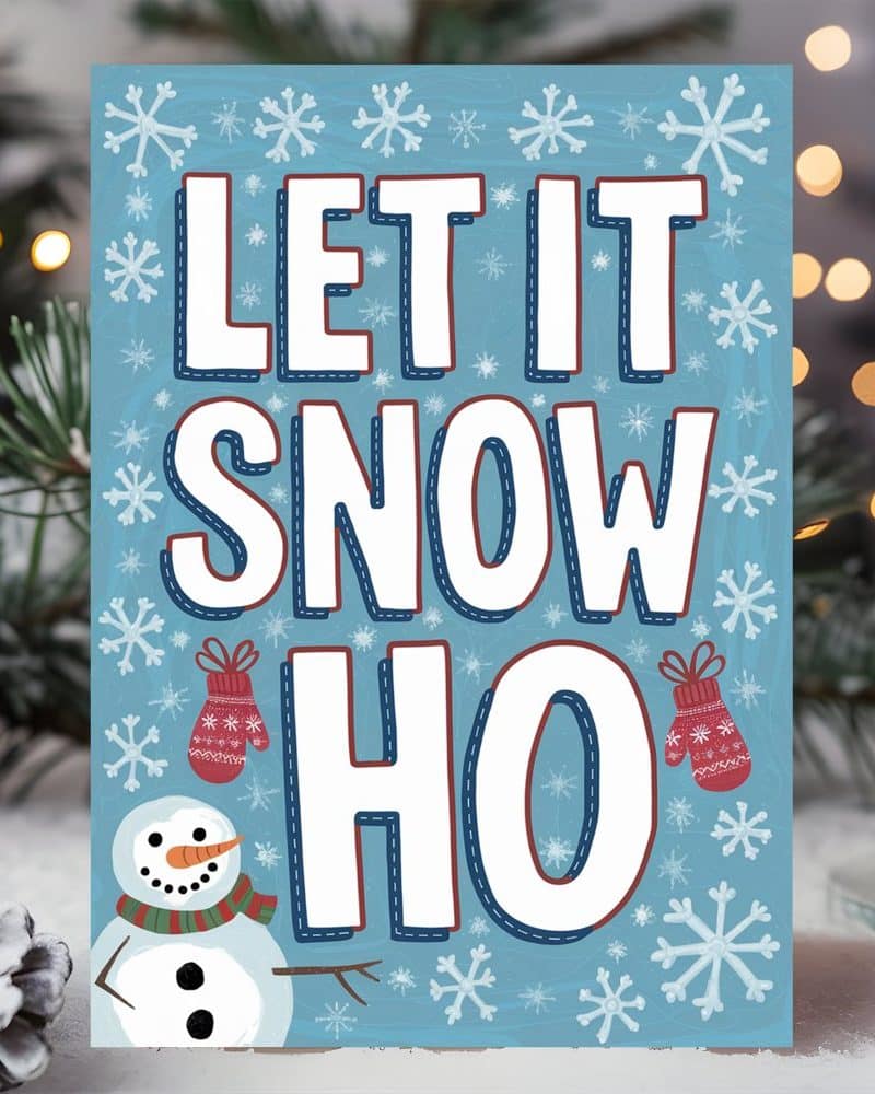 Christmas card featuring a snowman and the text Let it Snow Ho Ho.