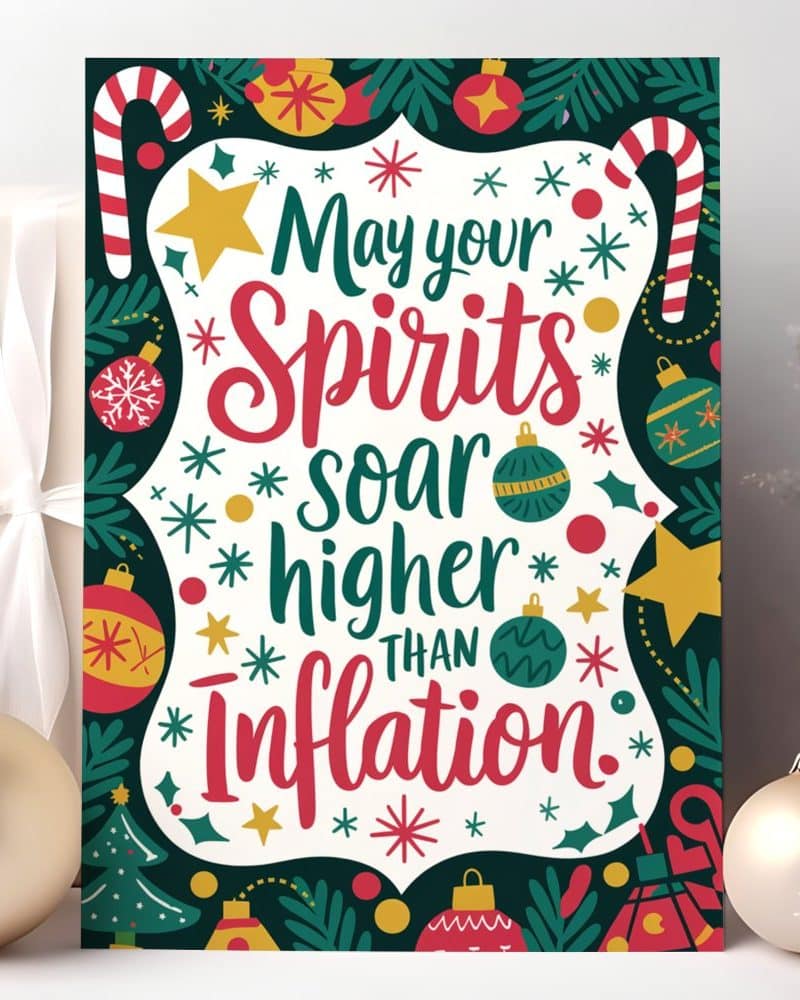 Christmas-themed card wishing for spirits to soar higher than inflation. The design features festive ornaments and candy canes.