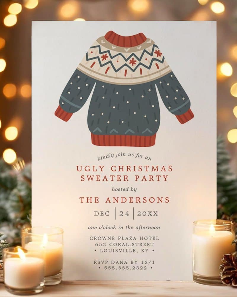 Christmas sweater party invitation with illustrated sweater.