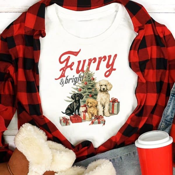 White Shirt With Three Dogs And A Christmas Tree, Text Reading Furry &Amp; Bright.