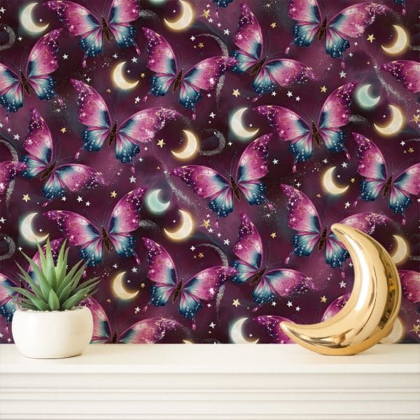 Purple And Teal Butterflies On A Dark Background With Gold Moons And Stars.