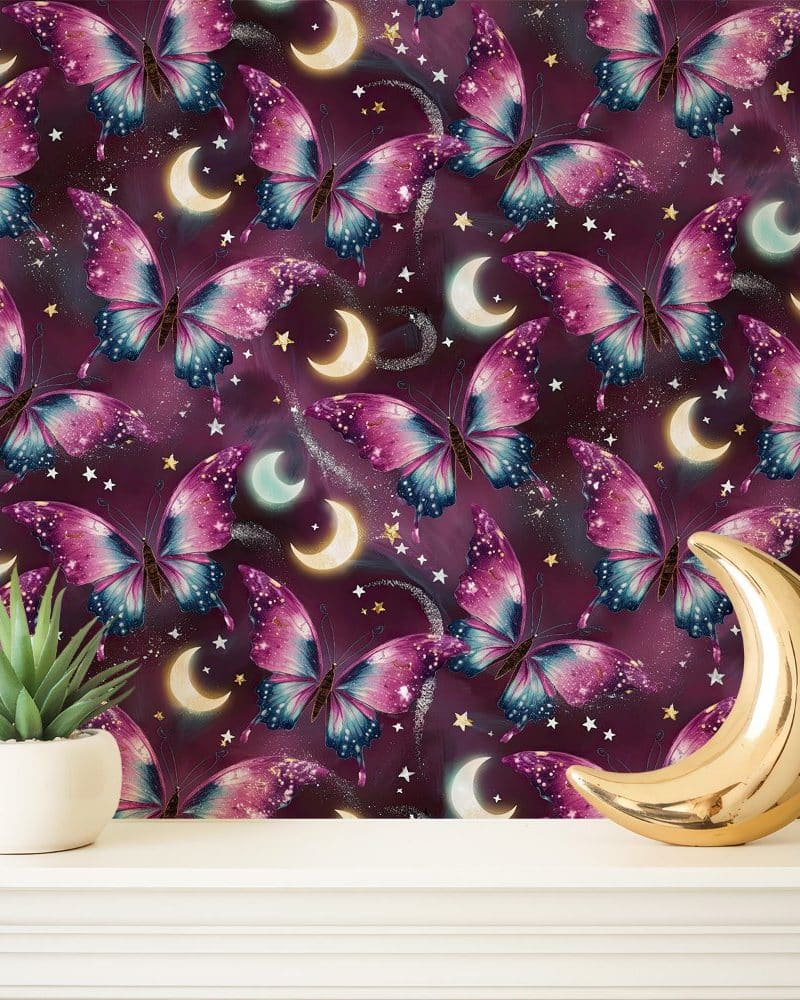 Purple and teal butterflies on a dark background with gold moons and stars.
