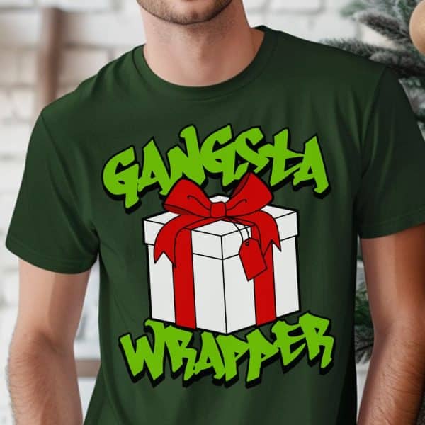 Dark Green T-Shirt Featuring A Graphic Design Of A Wrapped Present With A Large Red Bow And The Words Gangsta Wrapper In Stylized Graffiti Lettering.