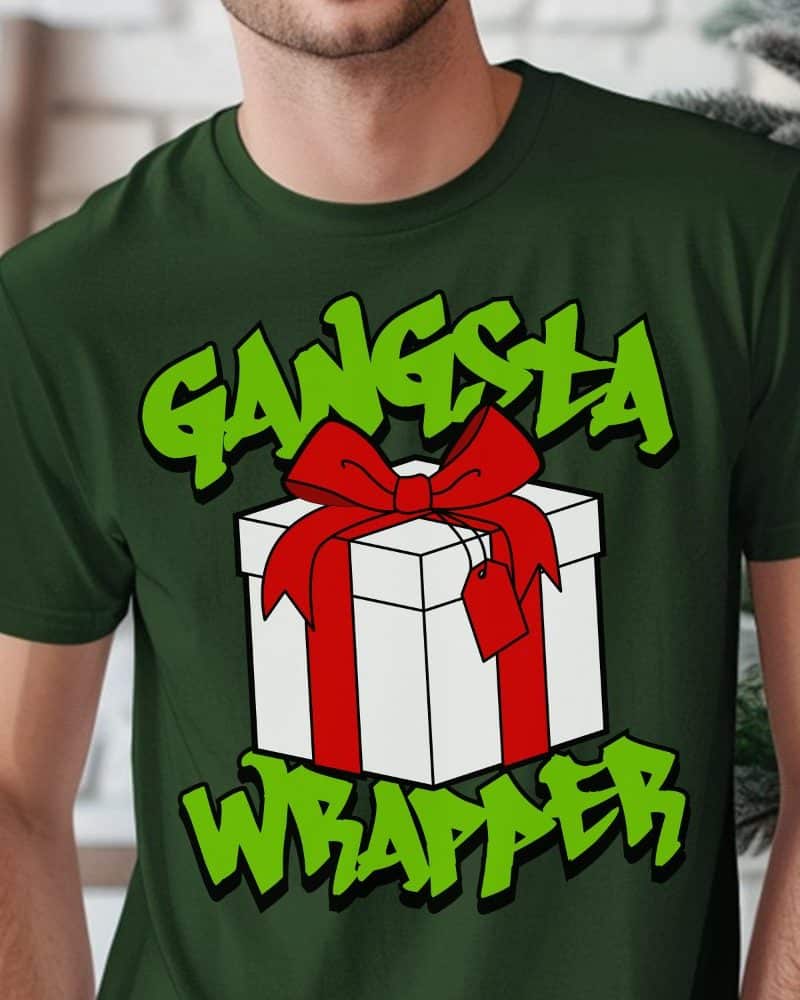 Dark green t-shirt featuring a graphic design of a wrapped present with a large red bow and the words Gangsta Wrapper in stylized graffiti lettering.