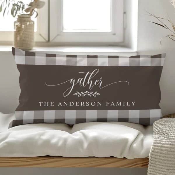 Brown And White Gingham Pillow With The Word Gather And The Anderson Family.