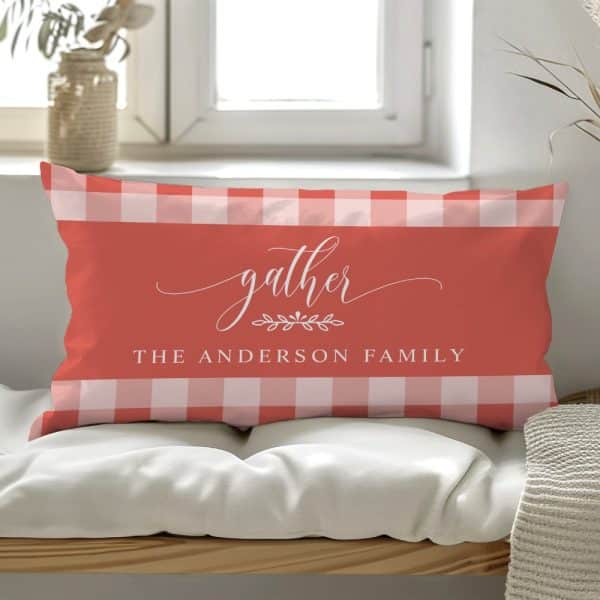 Coral And White Gingham Pillow With The Word Gather And The Anderson Family Name.