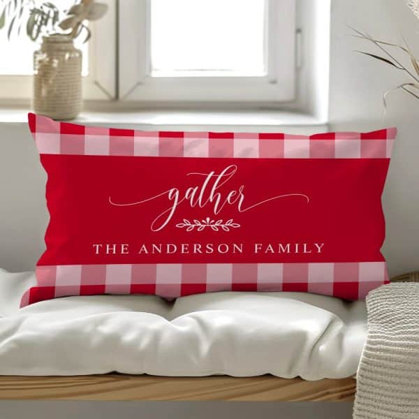 Red And White Gingham Rectangular Pillow With The Word Gather And The Anderson Family In White Script.