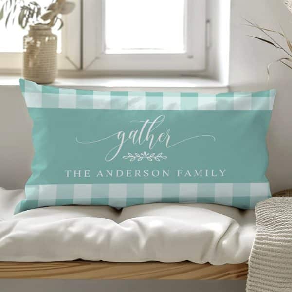 Teal And White Gingham Pillow With The Word Gather And The Anderson Family.