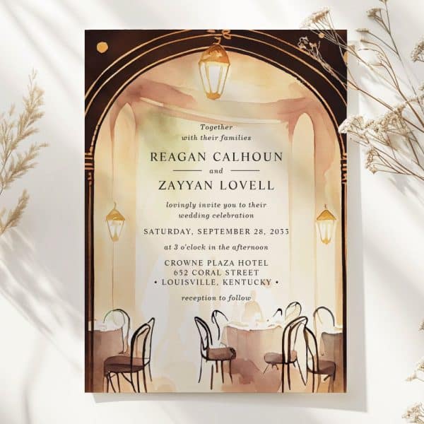 Wedding Invitation Featuring A Watercolor Painting Of An Arched Entryway To A Restaurant With Tables Set For A Reception.